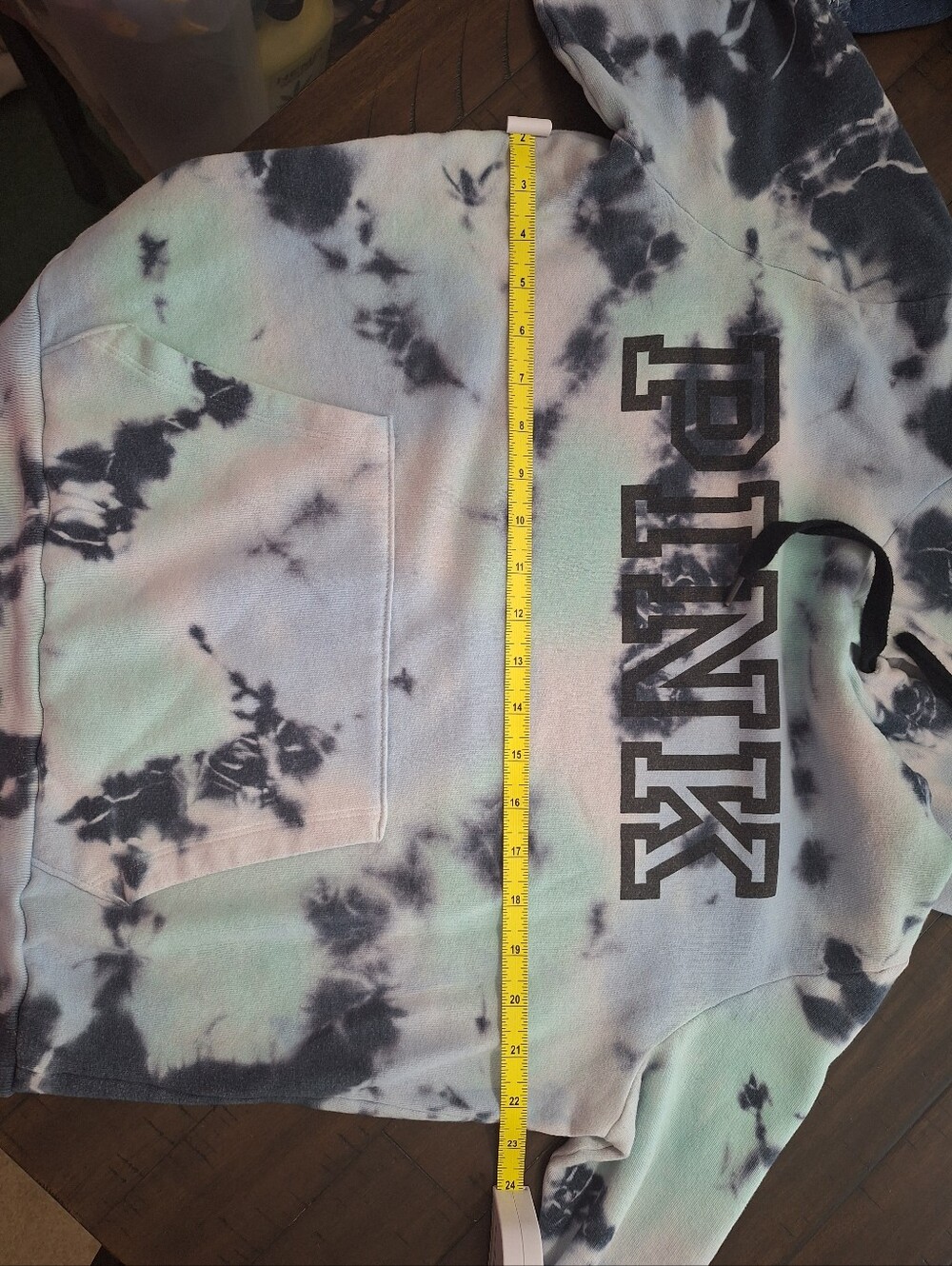 PINK Victoria's Secret Tie-Dye Hooded Sweatshirt in Black and Light Blue - Picture 7 of 8